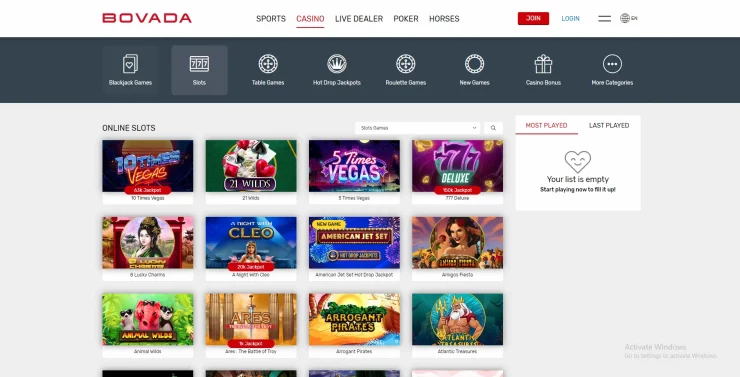 Bovada Online Casino Game selection